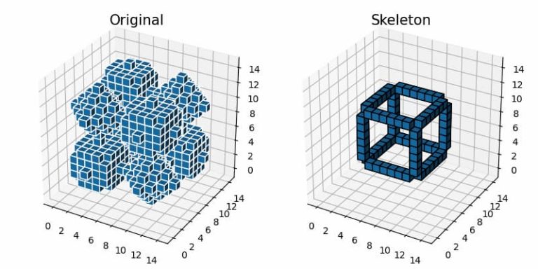 [scikit-image] 82. 3次元オブジェクトの細線化(skimage.morphology.skeletonize) – サボテンパイソン